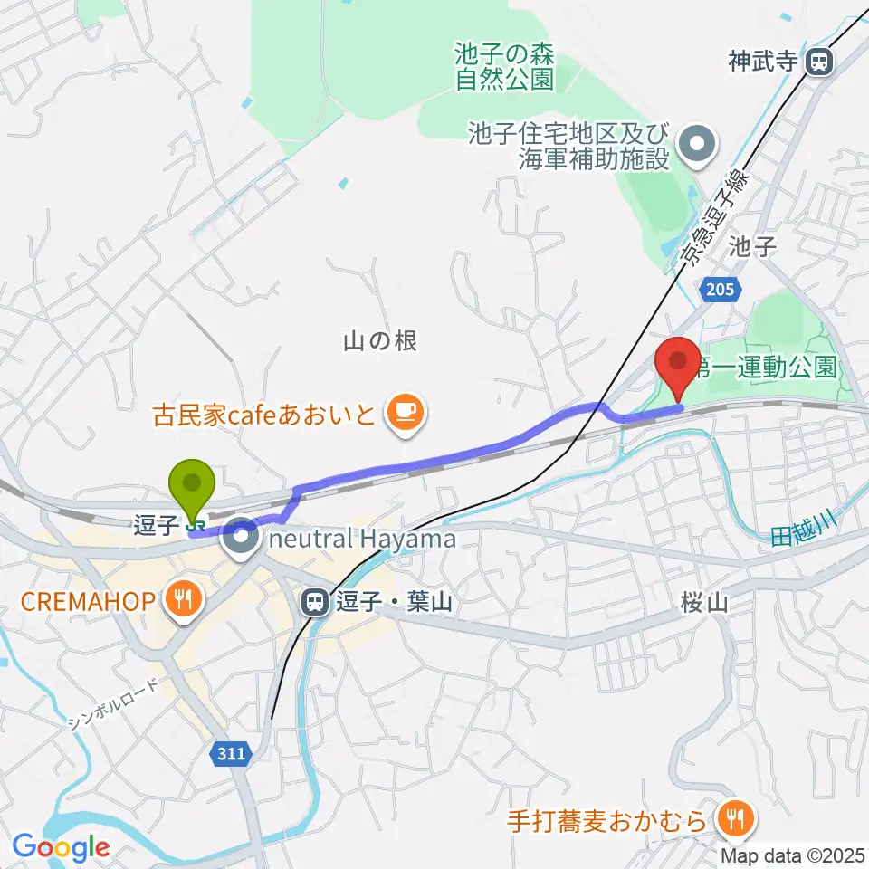 逗子駅から逗子アリーナへのルートマップ地図
