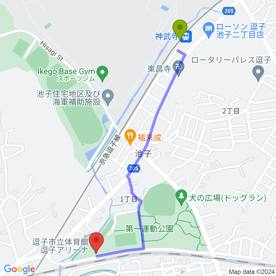逗子アリーナの最寄駅神武寺駅からの徒歩ルート（約13分）地図