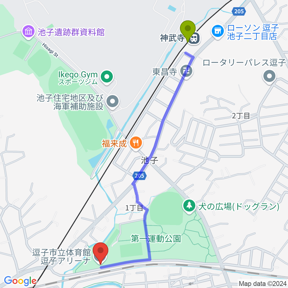 逗子アリーナの最寄駅神武寺駅からの徒歩ルート（約13分）地図