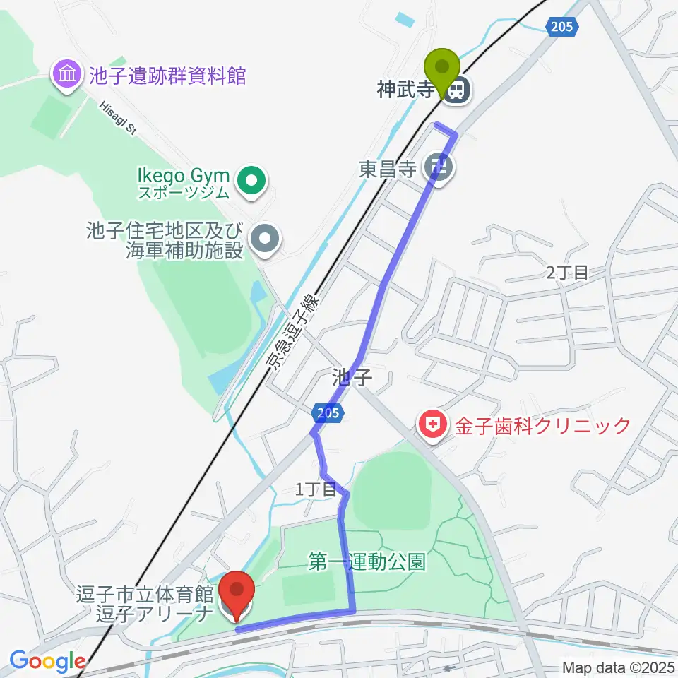 逗子アリーナの最寄駅神武寺駅からの徒歩ルート（約13分）地図