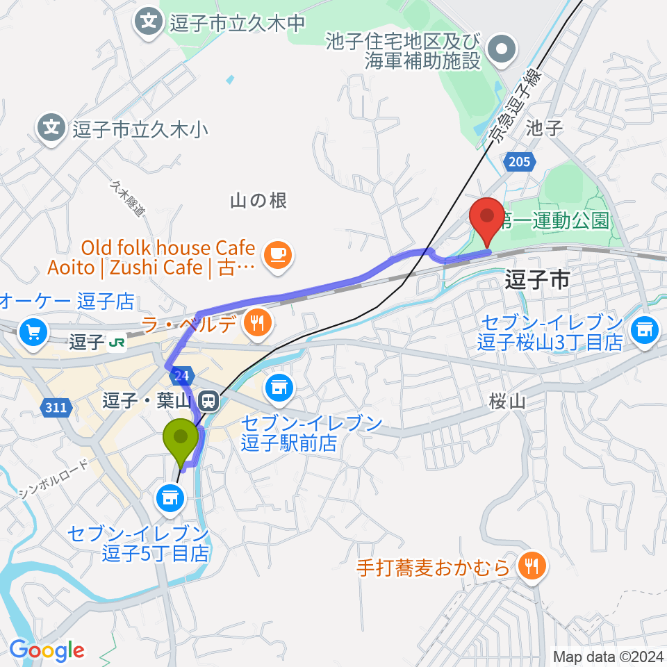 逗子・葉山駅から逗子アリーナへのルートマップ地図