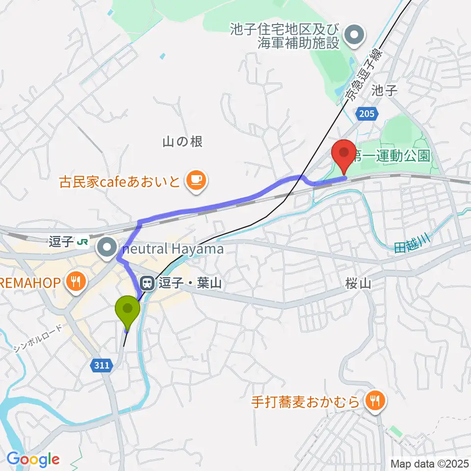逗子・葉山駅から逗子アリーナへのルートマップ地図