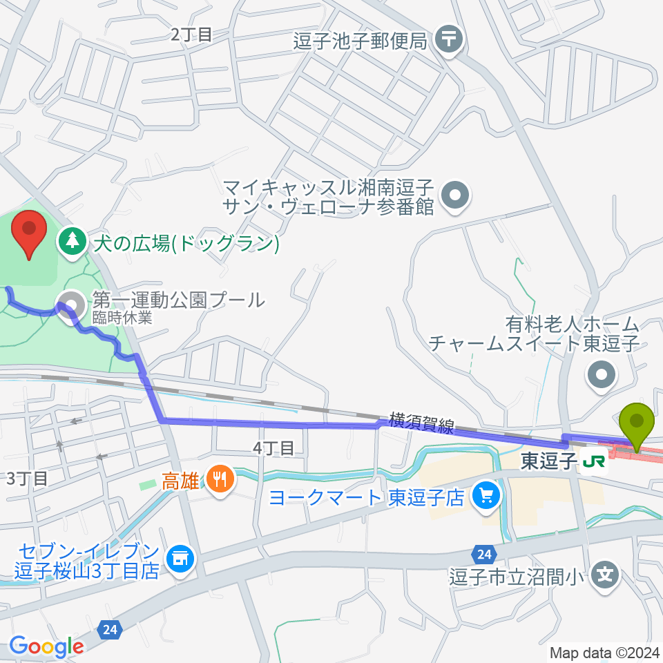 東逗子駅から第一運動公園野球場へのルートマップ地図