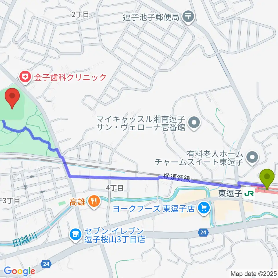 東逗子駅から第一運動公園野球場へのルートマップ地図