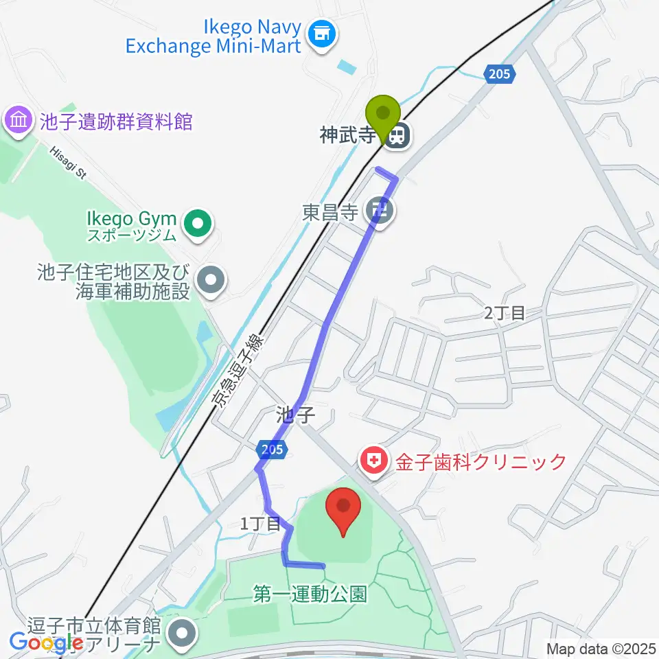 第一運動公園野球場の最寄駅神武寺駅からの徒歩ルート（約9分）地図