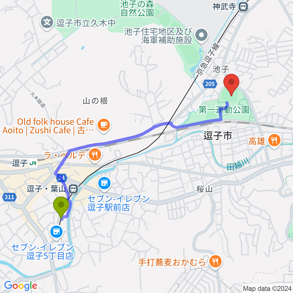 逗子・葉山駅から第一運動公園野球場へのルートマップ地図