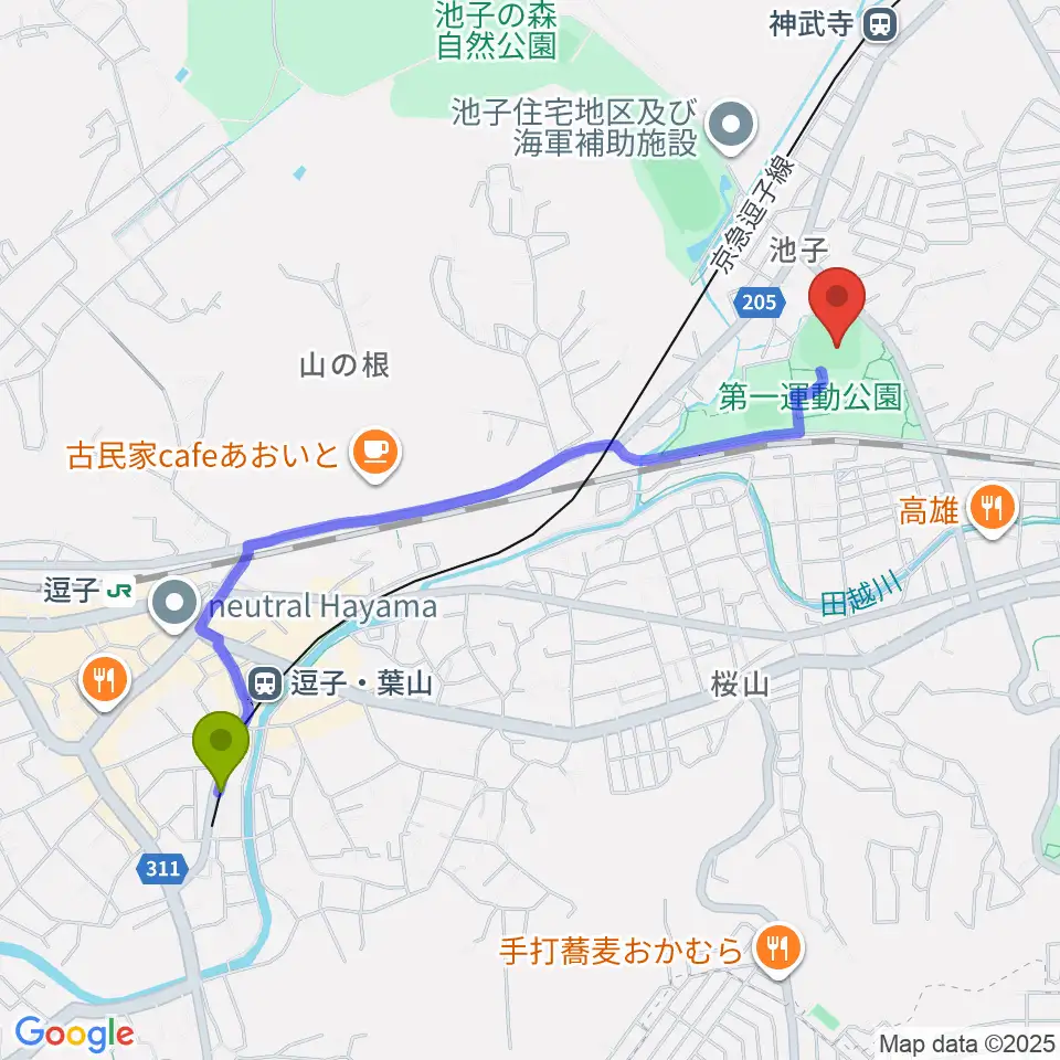逗子・葉山駅から第一運動公園野球場へのルートマップ地図