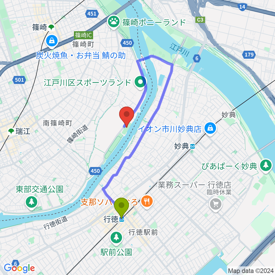 行徳駅から水辺のスポーツガーデン少年野球場へのルートマップ地図