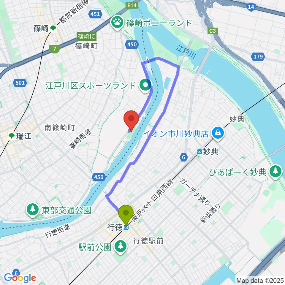 行徳駅から水辺のスポーツガーデン少年野球場へのルートマップ地図