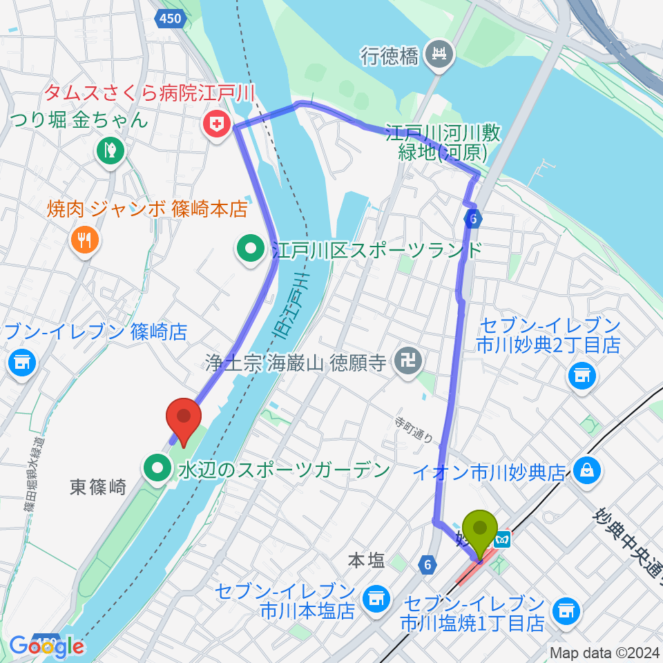 水辺のスポーツガーデン少年野球場の最寄駅妙典駅からの徒歩ルート（約15分）地図