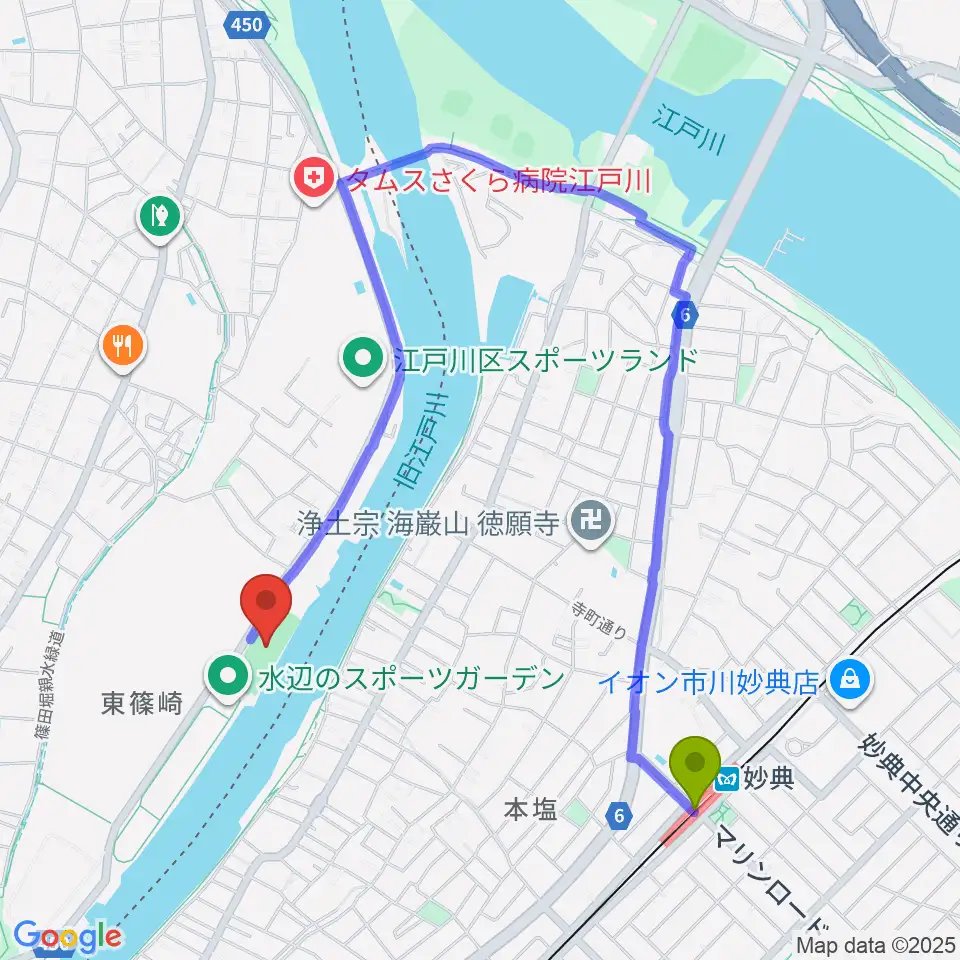 水辺のスポーツガーデン少年野球場の最寄駅妙典駅からの徒歩ルート（約15分）地図