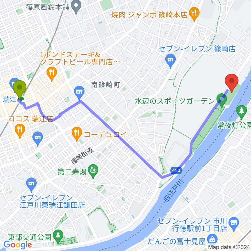 瑞江駅から水辺のスポーツガーデン少年野球場へのルートマップ地図