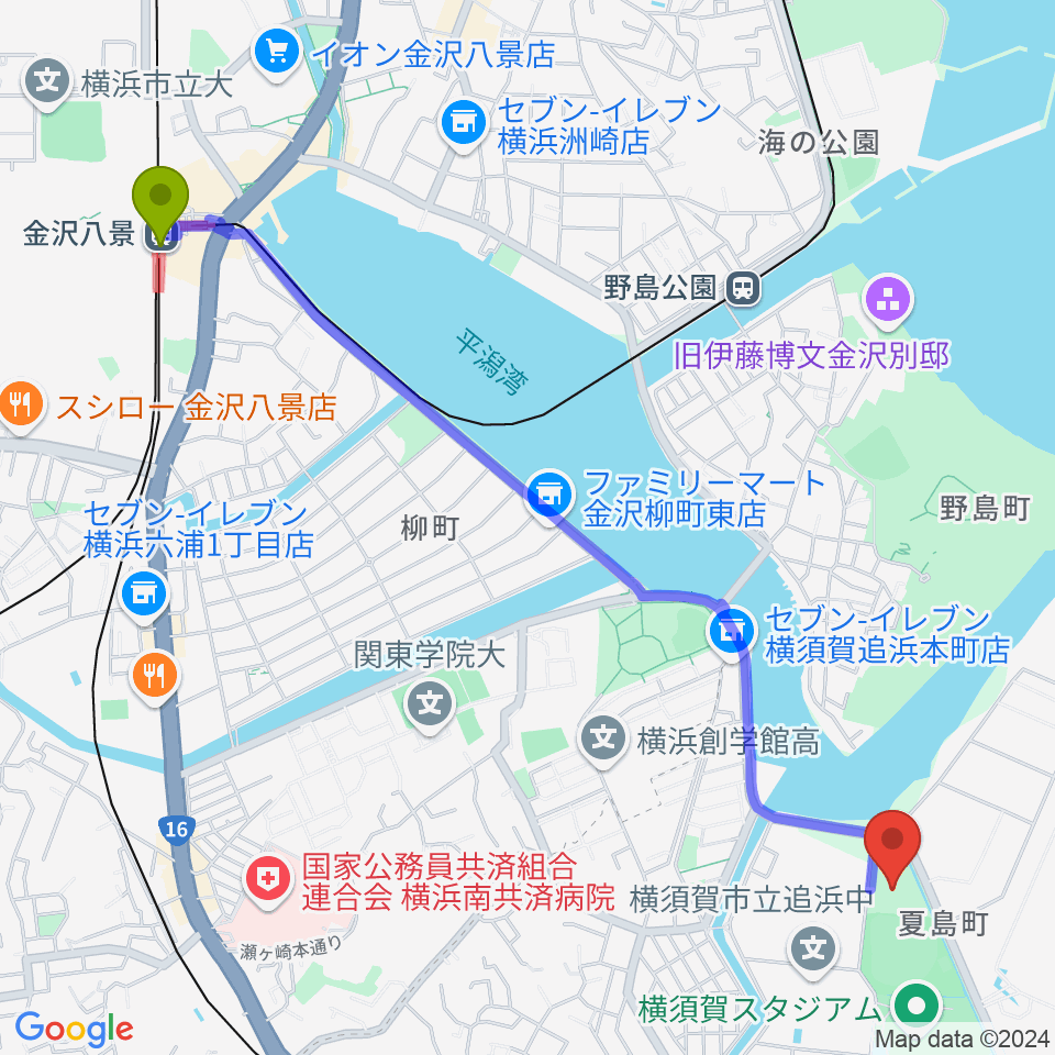 金沢八景駅からDOCK OF BAYSTARS YOKOSUKAへのルートマップ地図