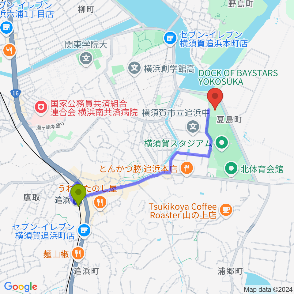 DOCK OF BAYSTARS YOKOSUKAの最寄駅追浜駅からの徒歩ルート（約18分）地図