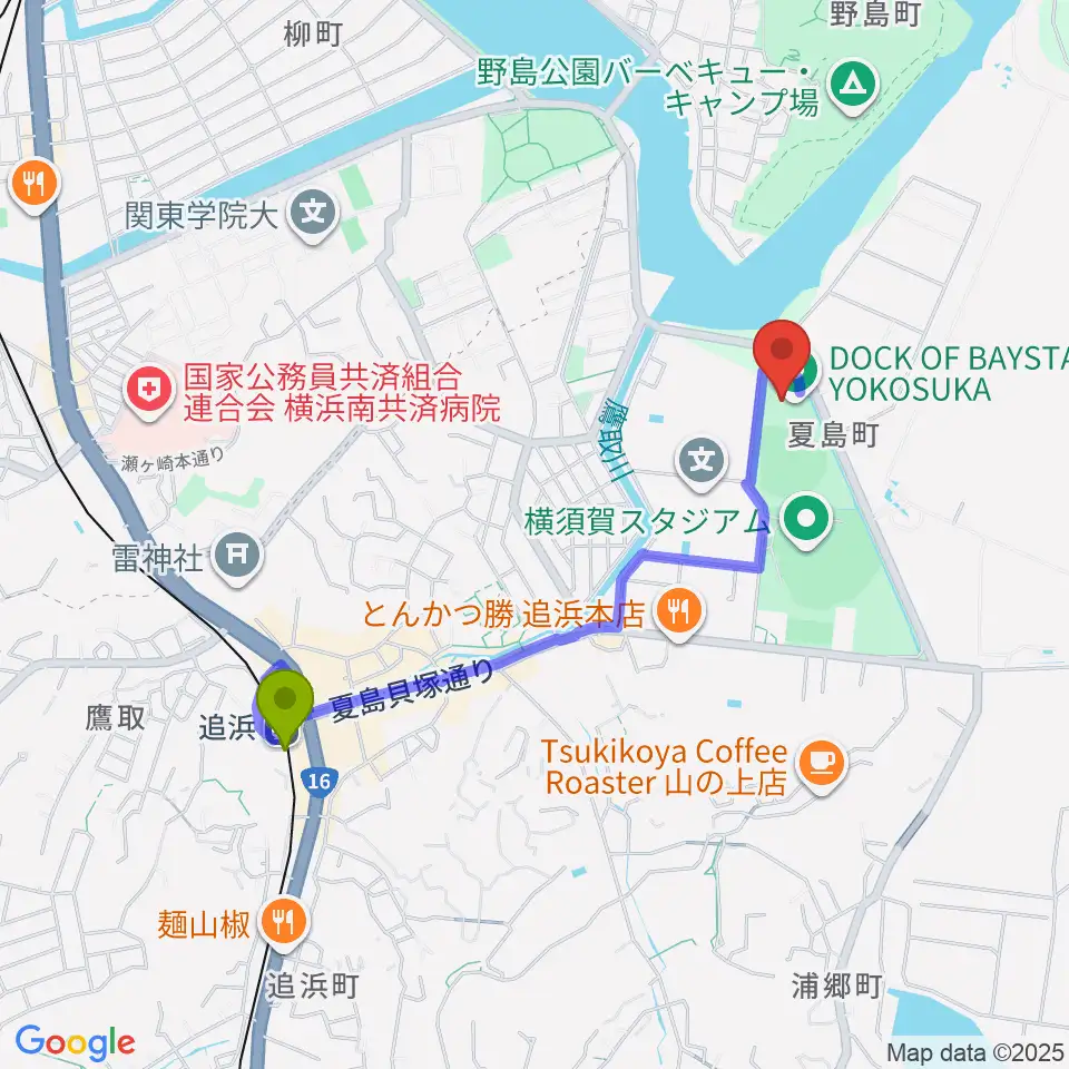 DOCK OF BAYSTARS YOKOSUKAの最寄駅追浜駅からの徒歩ルート（約18分）地図