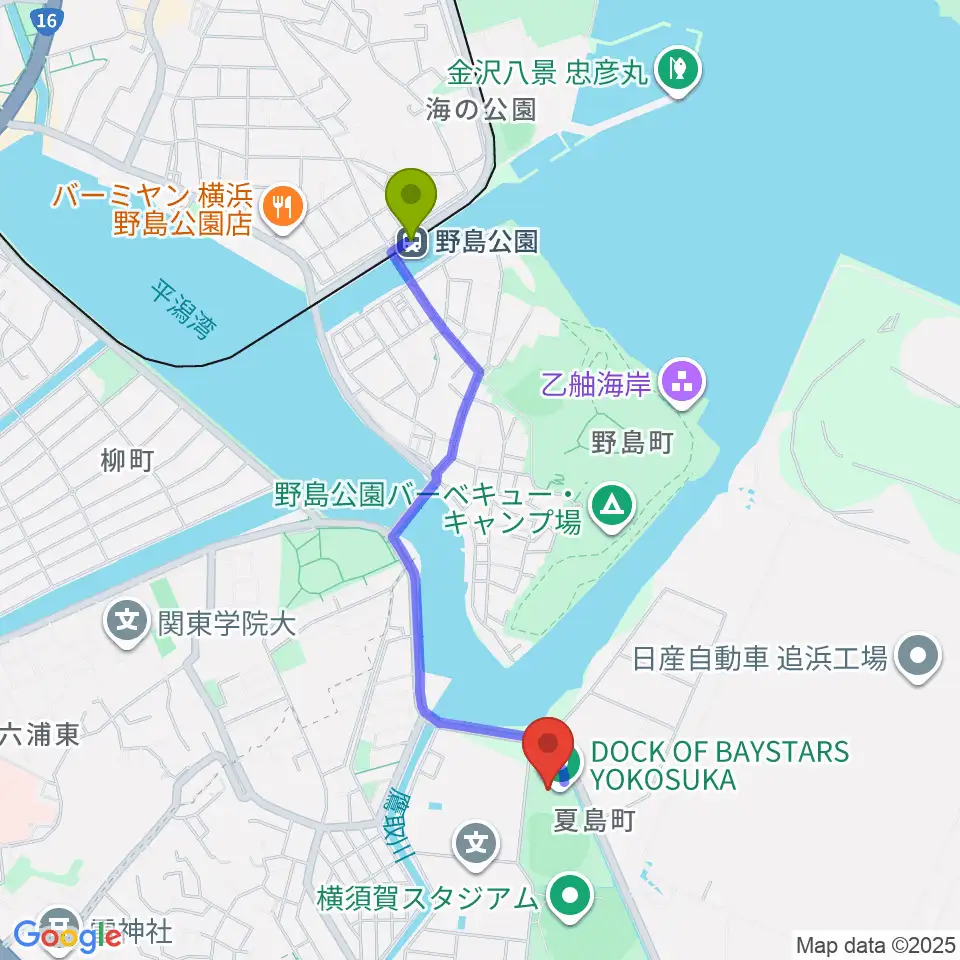 野島公園駅からDOCK OF BAYSTARS YOKOSUKAへのルートマップ地図