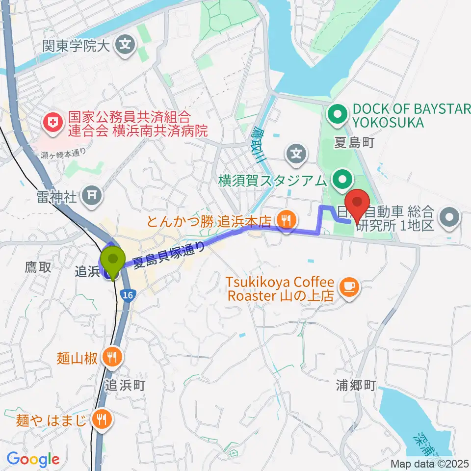 横須賀市北体育会館の最寄駅追浜駅からの徒歩ルート（約17分）地図