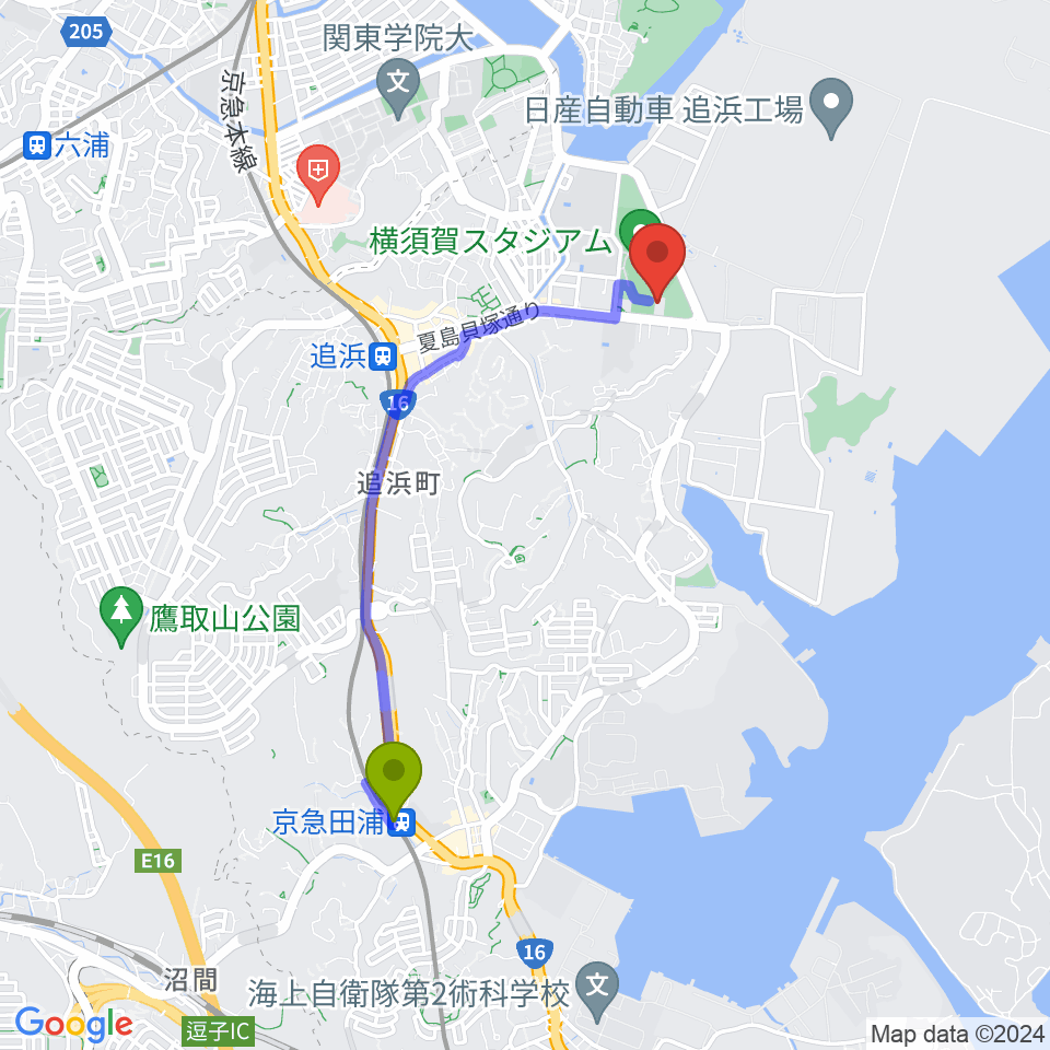 京急田浦駅から横須賀市北体育会館へのルートマップ地図
