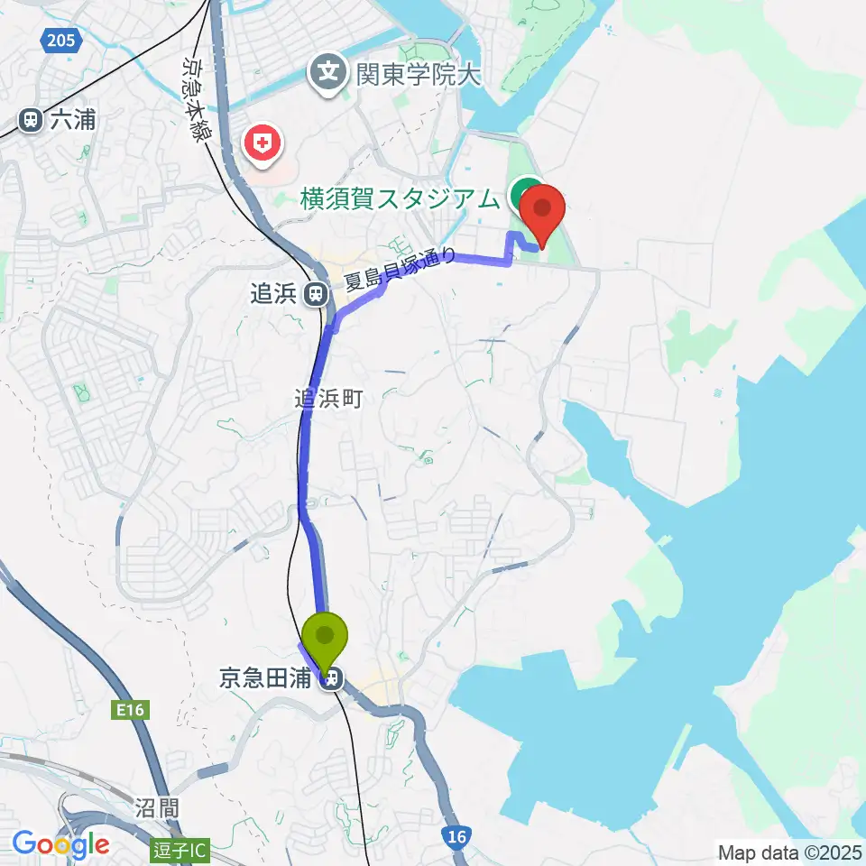 京急田浦駅から横須賀市北体育会館へのルートマップ地図