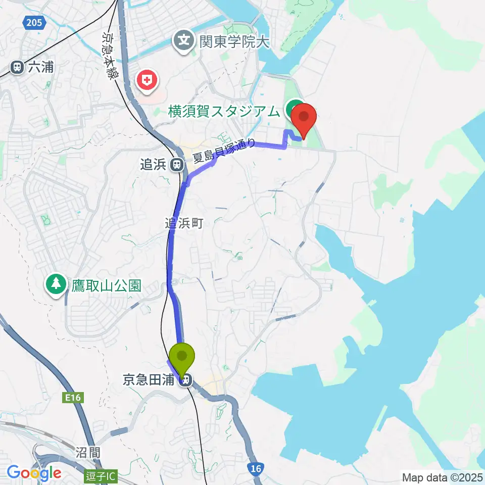 京急田浦駅から横須賀市北体育会館へのルートマップ地図