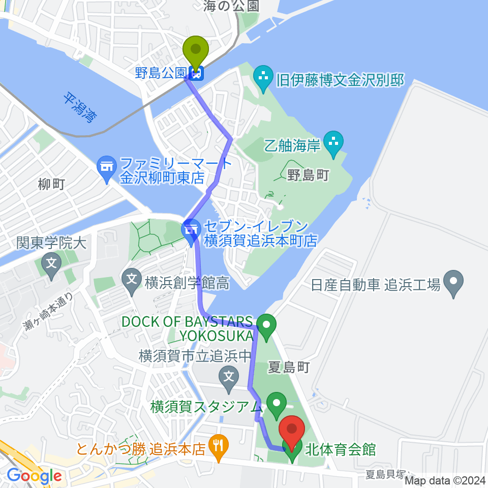 野島公園駅から横須賀市北体育会館へのルートマップ地図