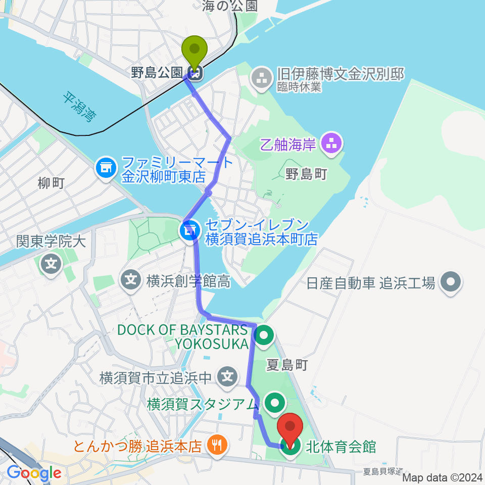 野島公園駅から横須賀市北体育会館へのルートマップ地図