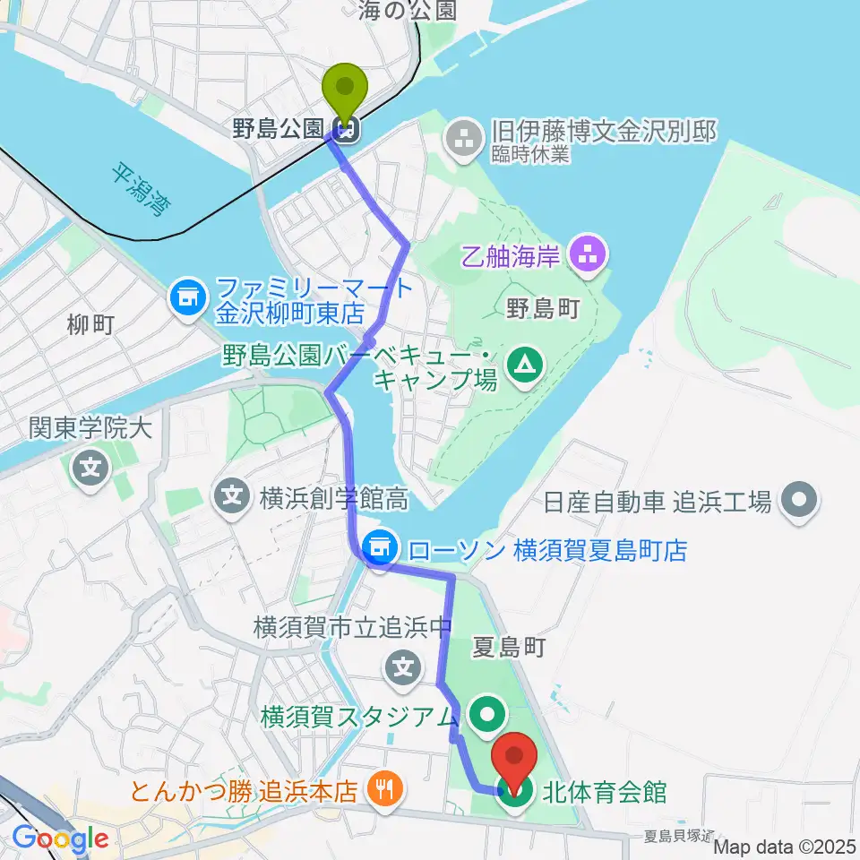 野島公園駅から横須賀市北体育会館へのルートマップ地図