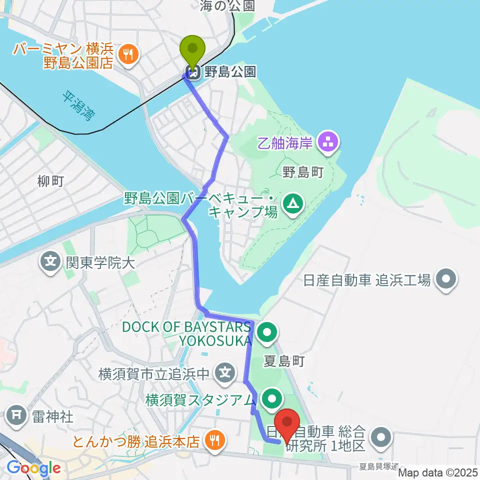 野島公園駅から横須賀市北体育会館へのルートマップ地図