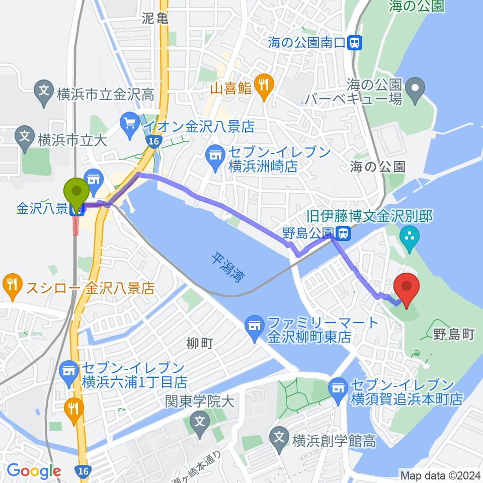 金沢八景駅から野島公園野球場へのルートマップ地図