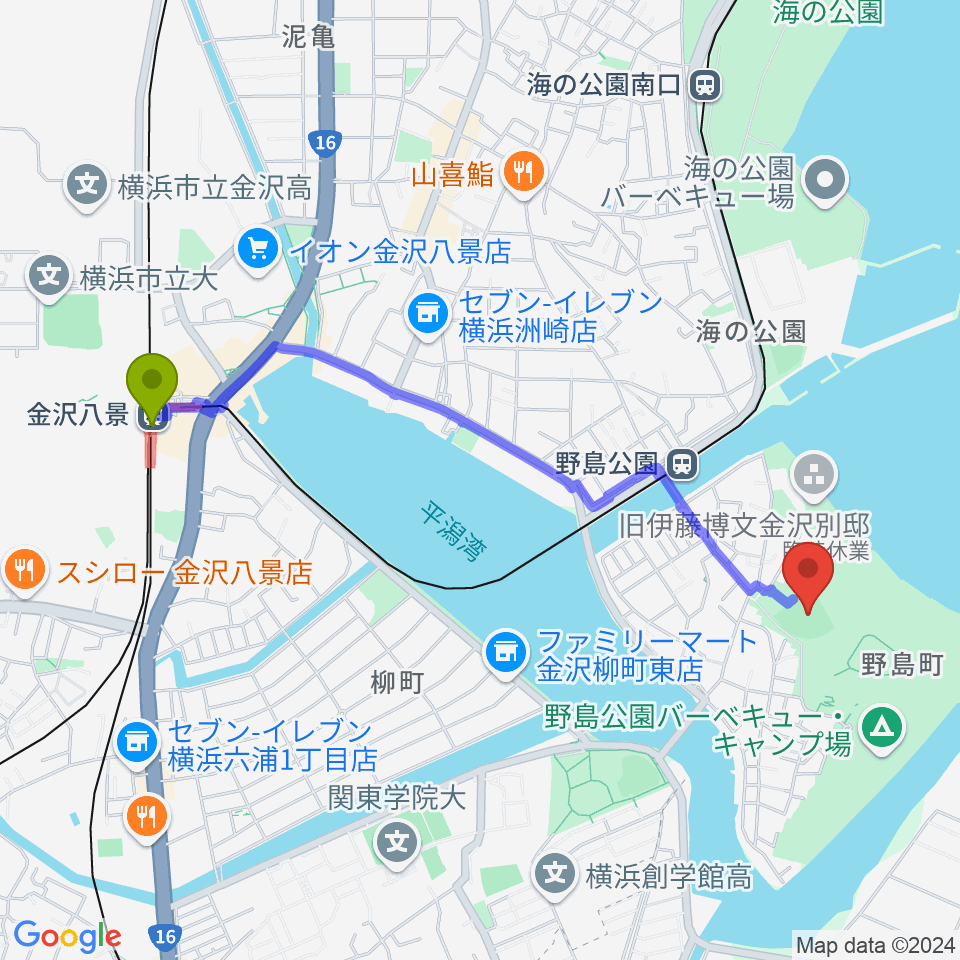 金沢八景駅から野島公園野球場へのルートマップ地図