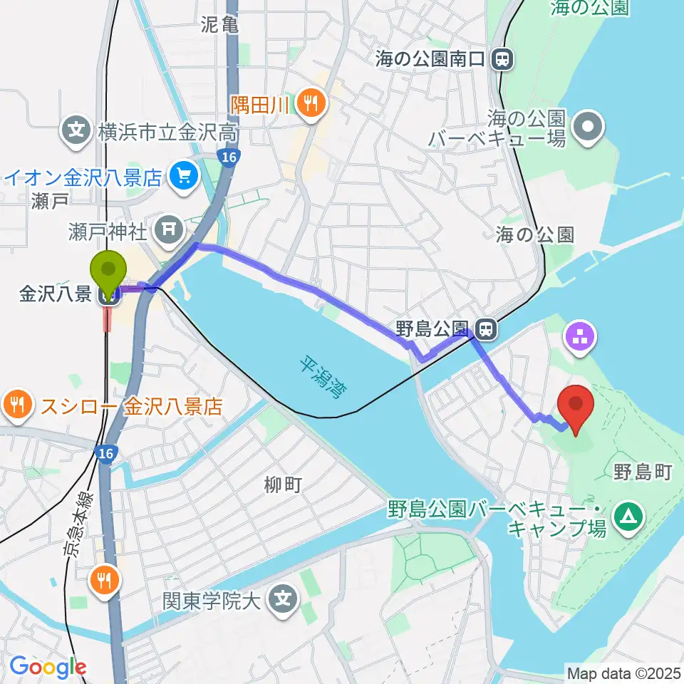 金沢八景駅から野島公園野球場へのルートマップ地図