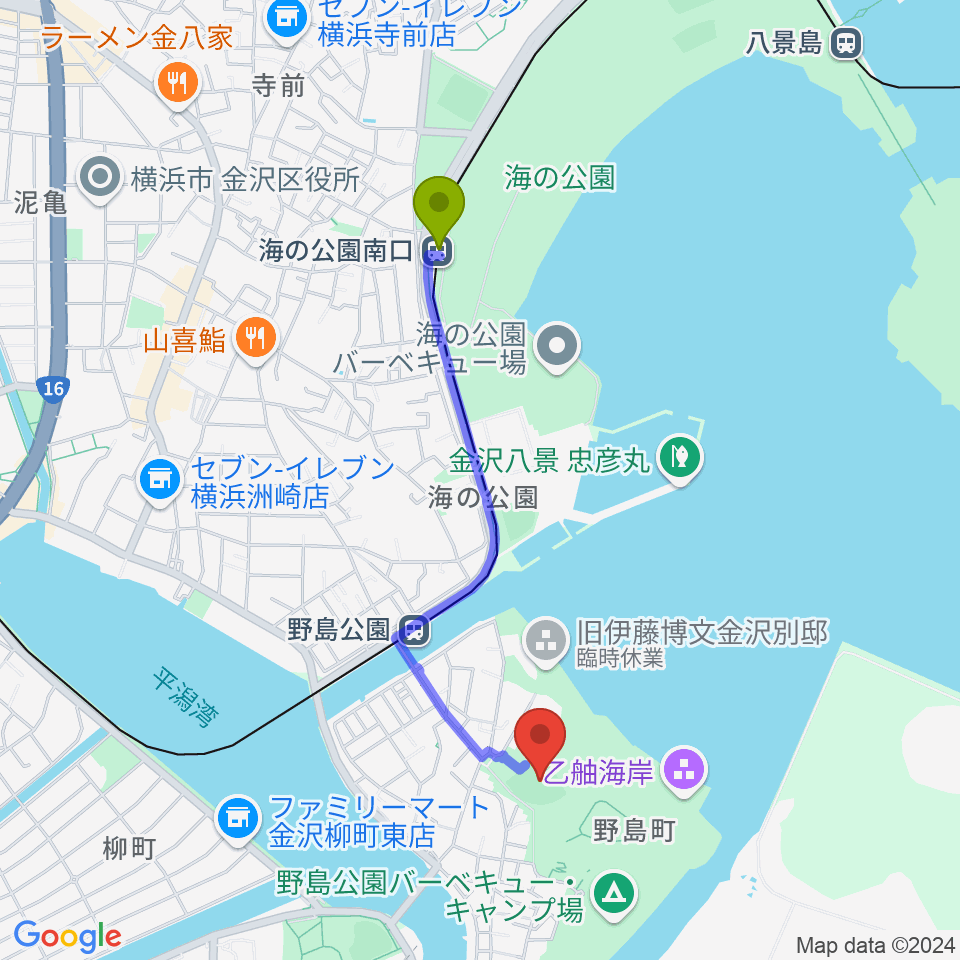 海の公園南口駅から野島公園野球場へのルートマップ地図