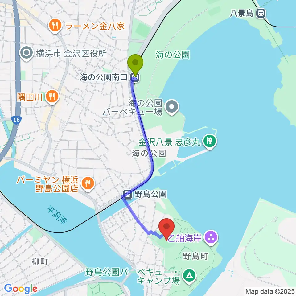 海の公園南口駅から野島公園野球場へのルートマップ地図