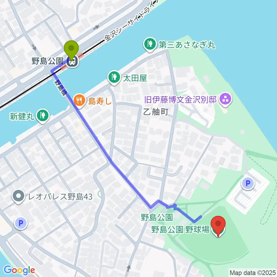 野島公園野球場の最寄駅野島公園駅からの徒歩ルート（約6分）地図