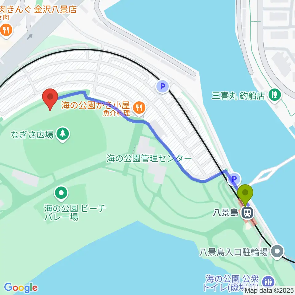 八景島駅から海の公園なぎさ広場多目的グラウンドへのルートマップ地図