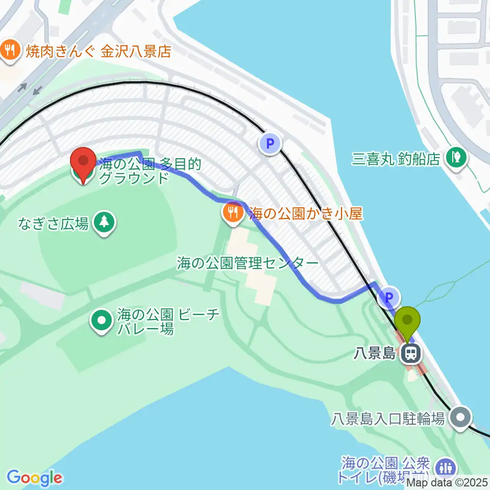 八景島駅から海の公園なぎさ広場多目的グラウンドへのルートマップ地図