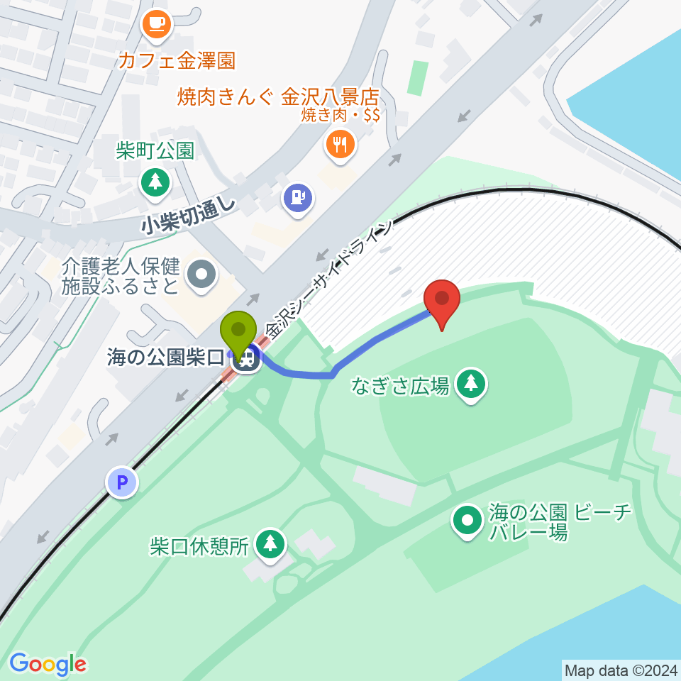 海の公園なぎさ広場多目的グラウンドの最寄駅海の公園柴口駅からの徒歩ルート（約2分）地図