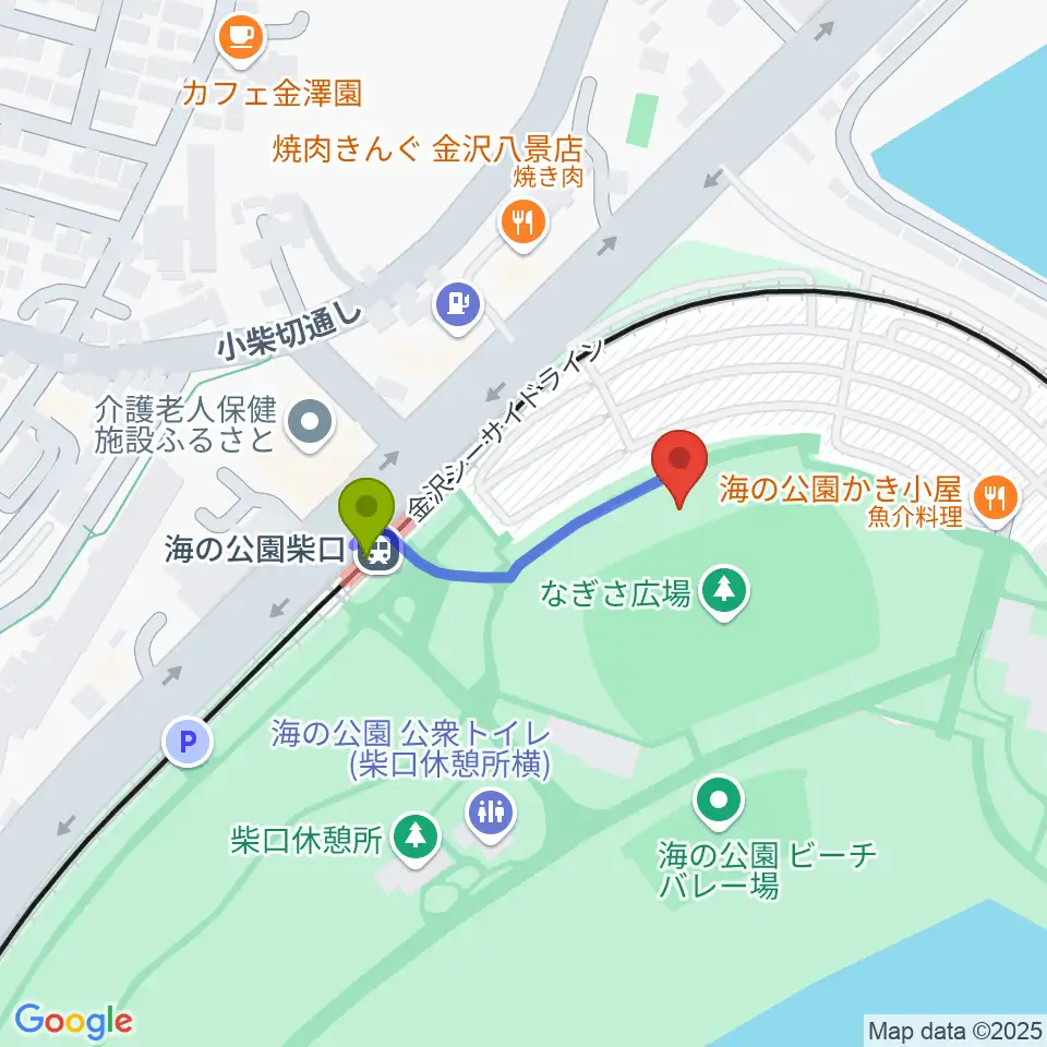 海の公園なぎさ広場多目的グラウンドの最寄駅海の公園柴口駅からの徒歩ルート（約2分）地図