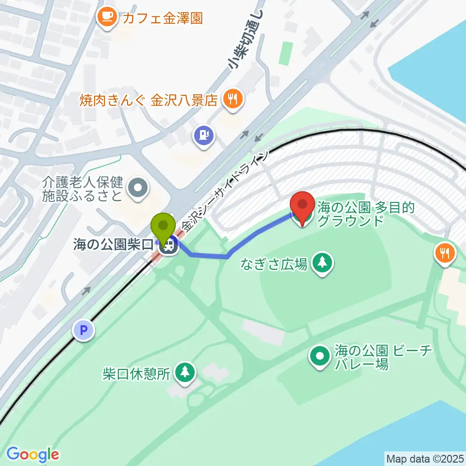海の公園なぎさ広場多目的グラウンドの最寄駅海の公園柴口駅からの徒歩ルート（約2分）地図