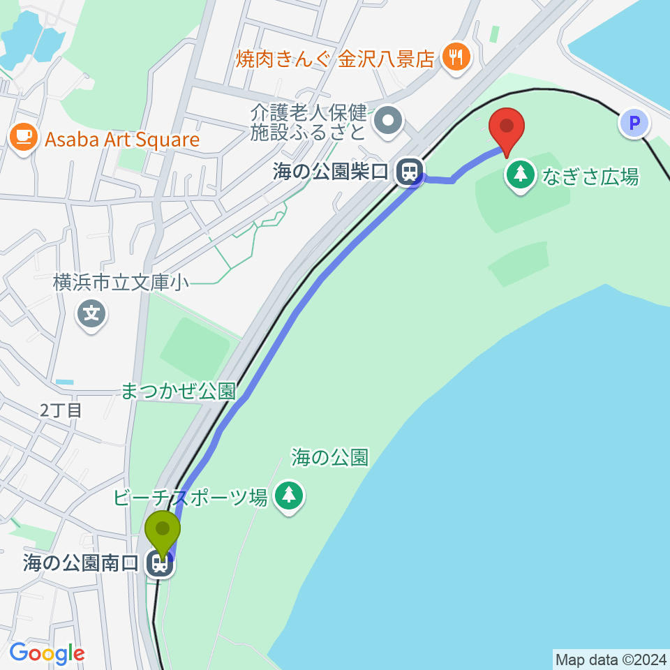 海の公園南口駅から海の公園なぎさ広場多目的グラウンドへのルートマップ地図