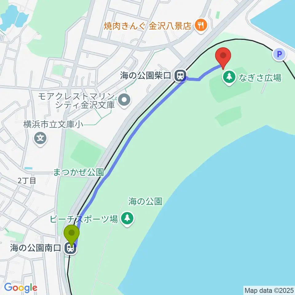 海の公園南口駅から海の公園なぎさ広場多目的グラウンドへのルートマップ地図