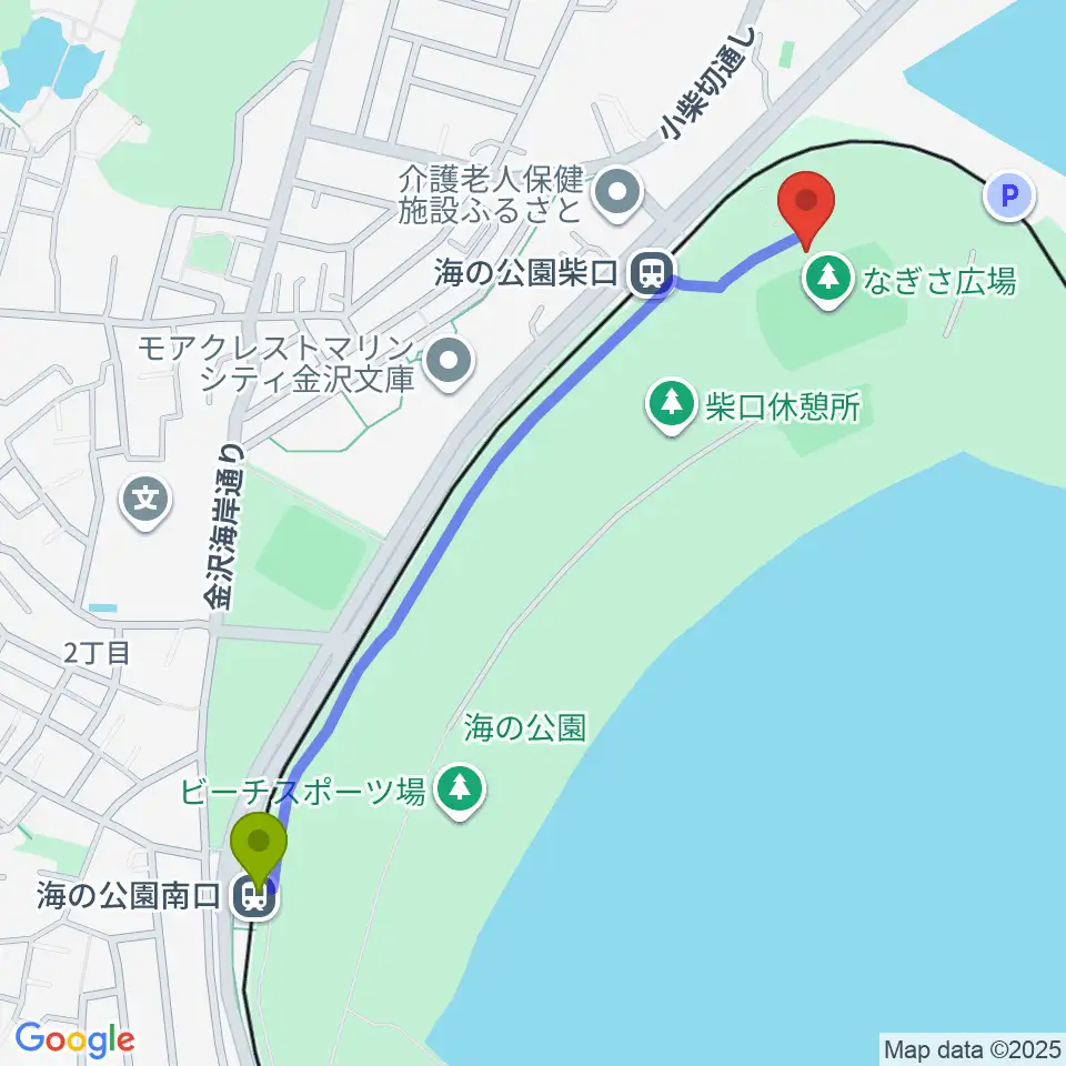 海の公園南口駅から海の公園なぎさ広場多目的グラウンドへのルートマップ地図
