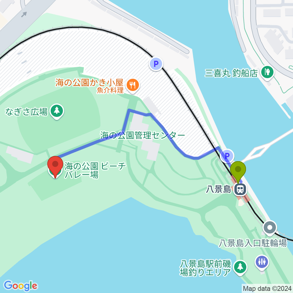 八景島駅から海の公園ビーチバレー場へのルートマップ地図