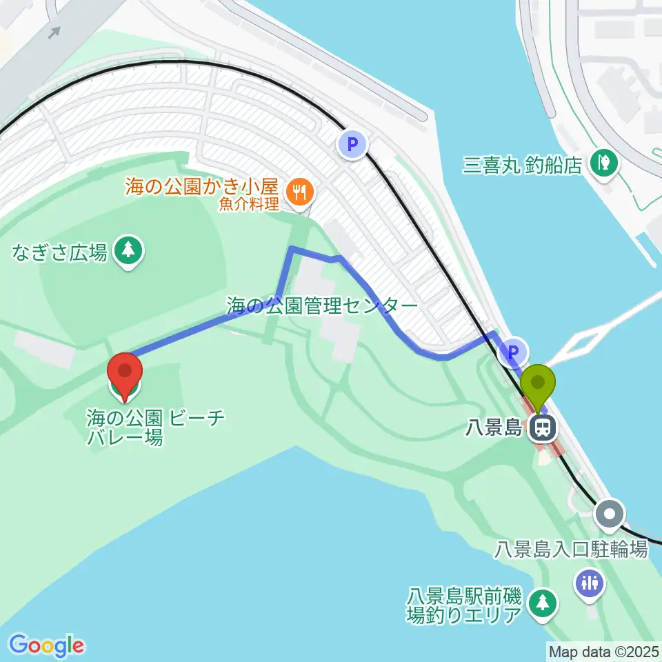 八景島駅から海の公園ビーチバレー場へのルートマップ地図