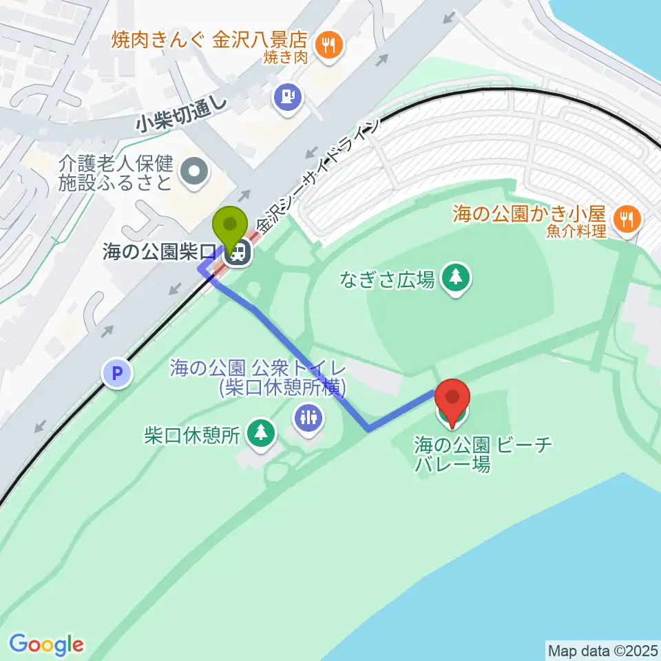 海の公園ビーチバレー場の最寄駅海の公園柴口駅からの徒歩ルート（約3分）地図