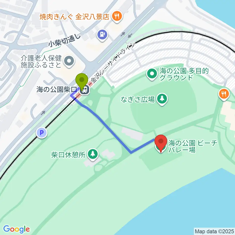 海の公園ビーチバレー場の最寄駅海の公園柴口駅からの徒歩ルート（約3分）地図
