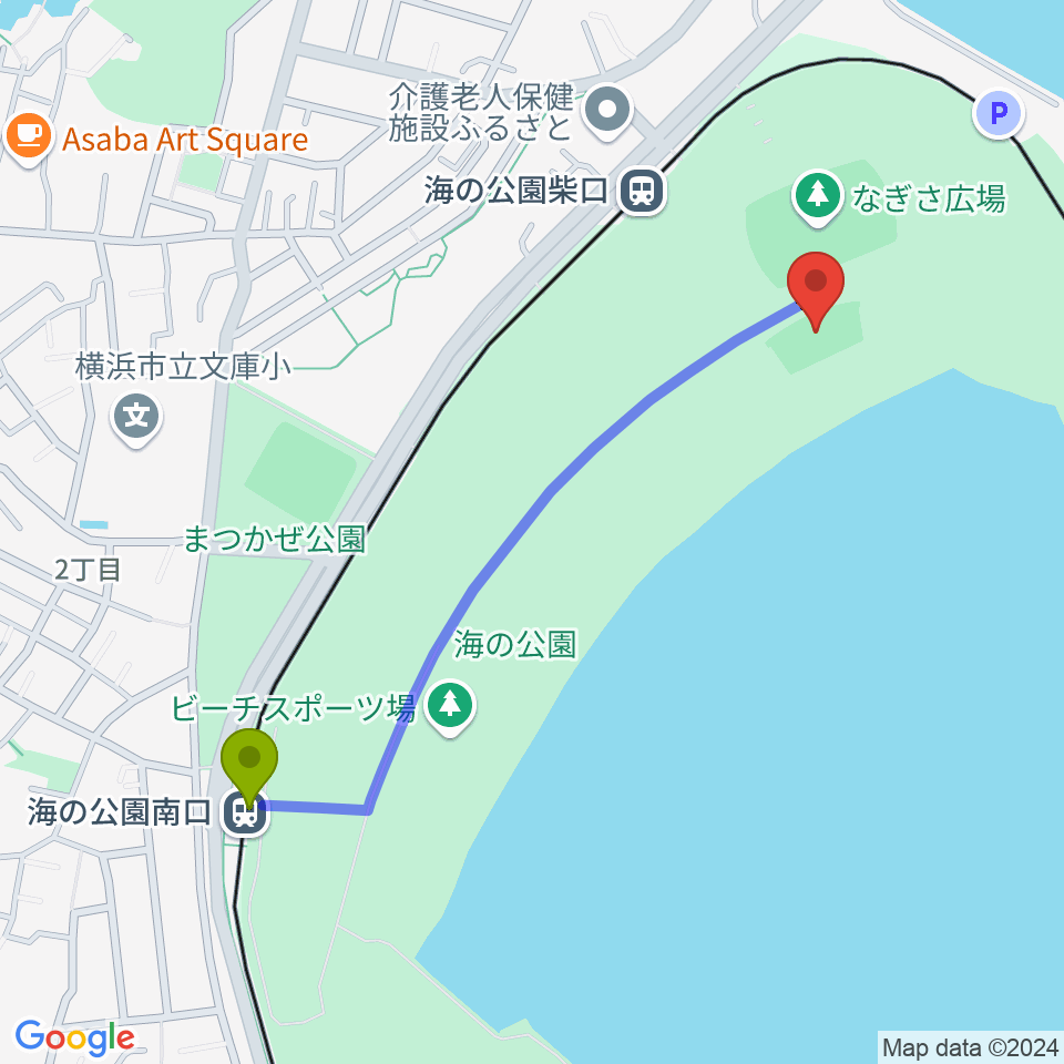 海の公園南口駅から海の公園ビーチバレー場へのルートマップ地図