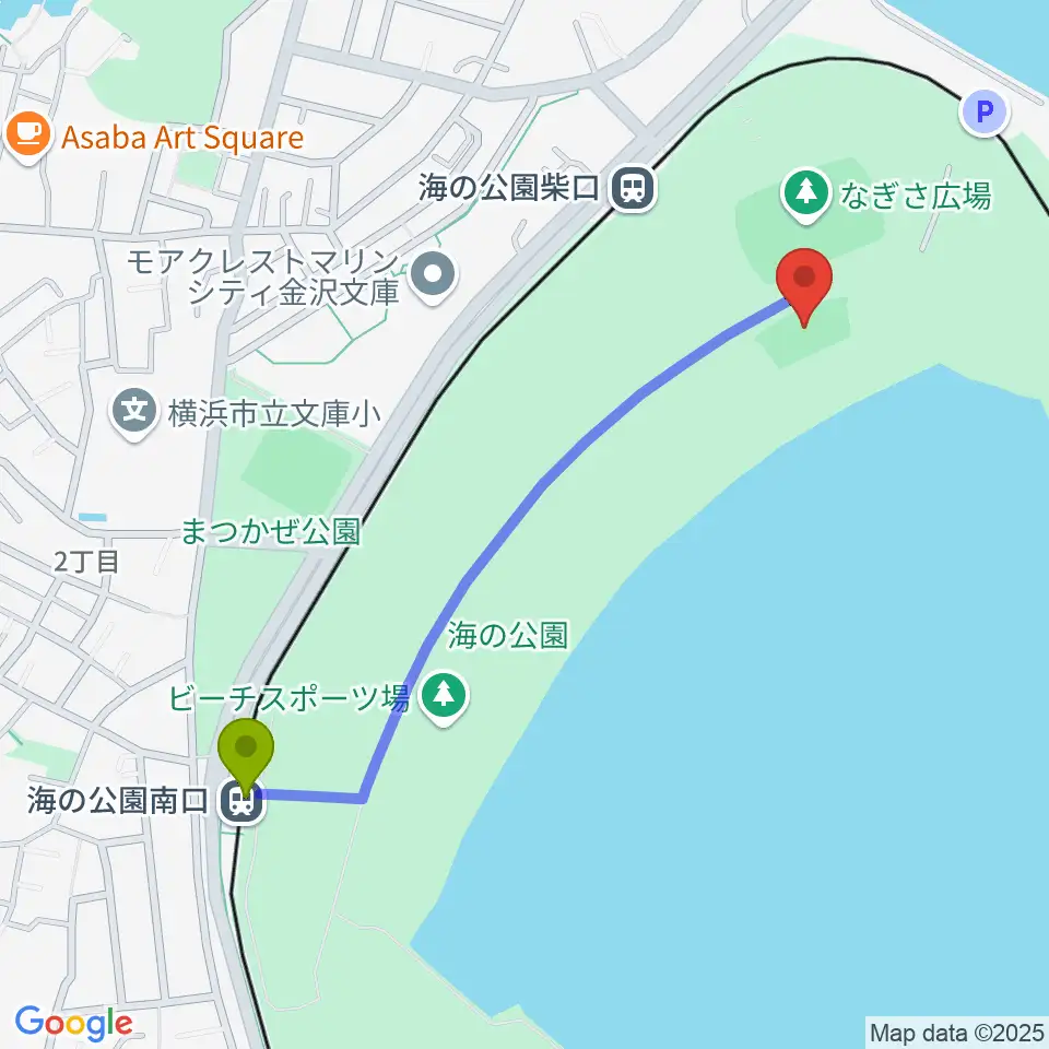 海の公園南口駅から海の公園ビーチバレー場へのルートマップ地図