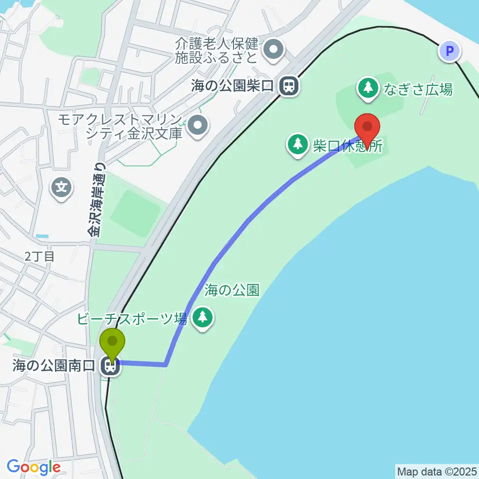 海の公園南口駅から海の公園ビーチバレー場へのルートマップ地図
