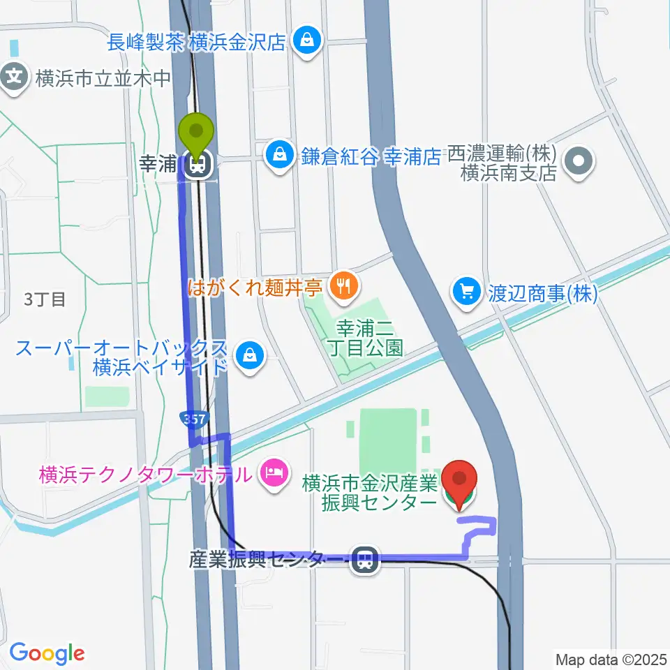 幸浦駅から横浜市金沢産業振興センターへのルートマップ地図